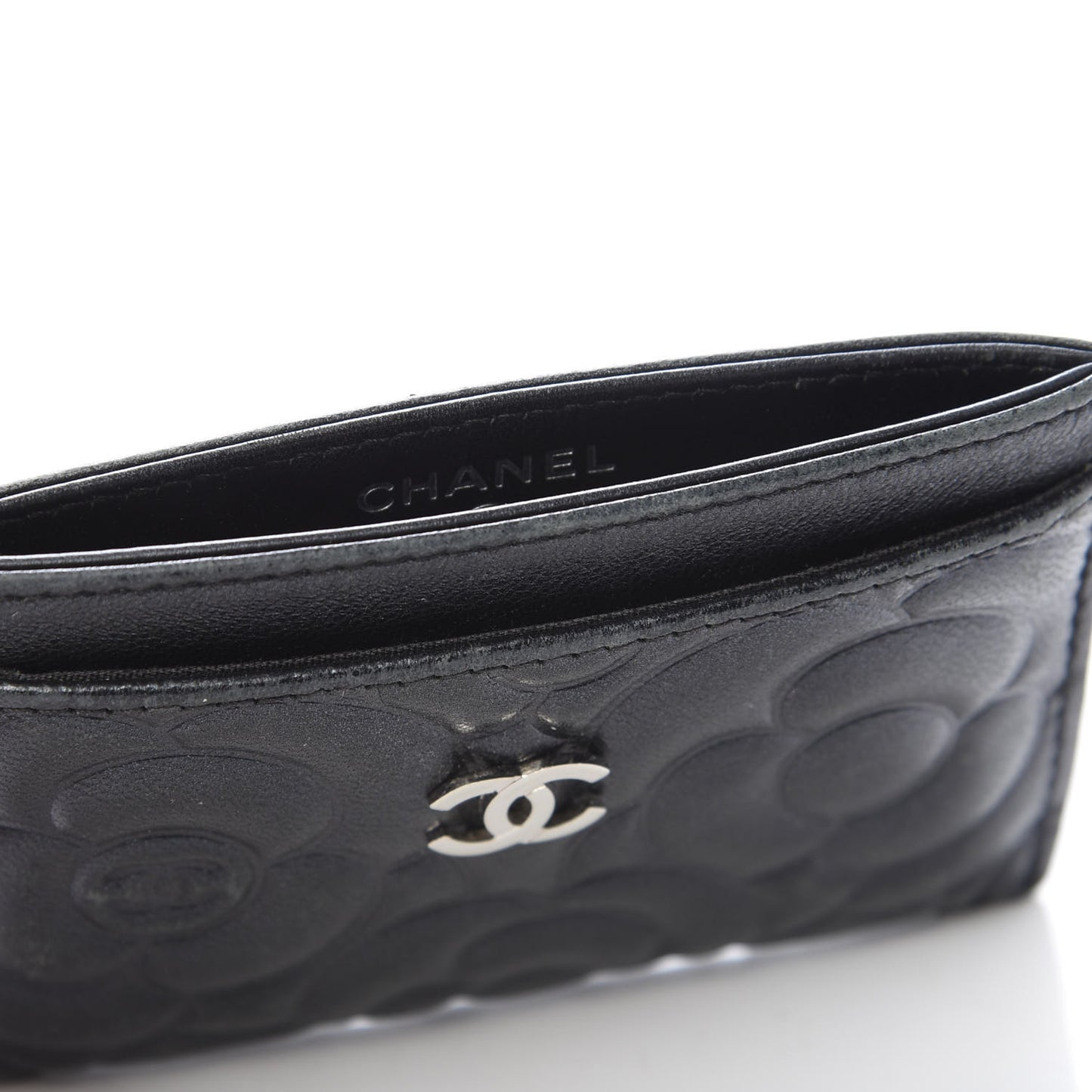 Lambskin Camellia Embossed Card Holder Black