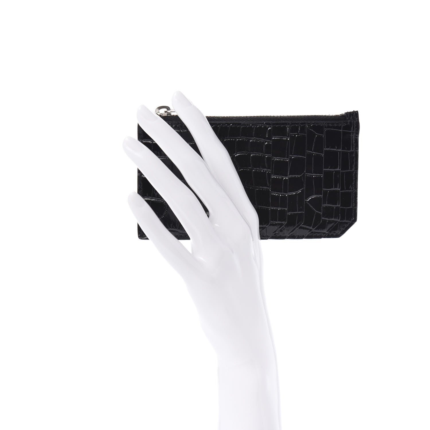 Saint Laurent Calfskin Crocodile Embossed 5 Fragments Zip Pouch Card Holder Black 2 of 7