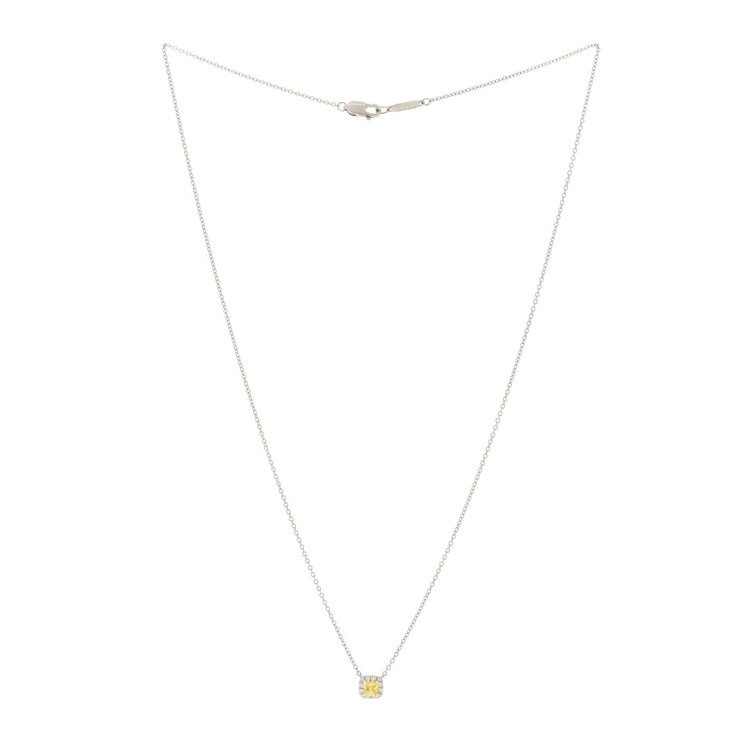 Platinum 18K Yellow Gold Diamond Fancy Yellow Diamond .20ct Soleste Cushion Cut Halo Pendant Necklace