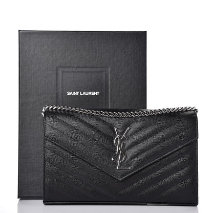 Saint Laurent Grain De Poudre Matelasse Chevron Monogram Chain Wallet Black 7 of 8