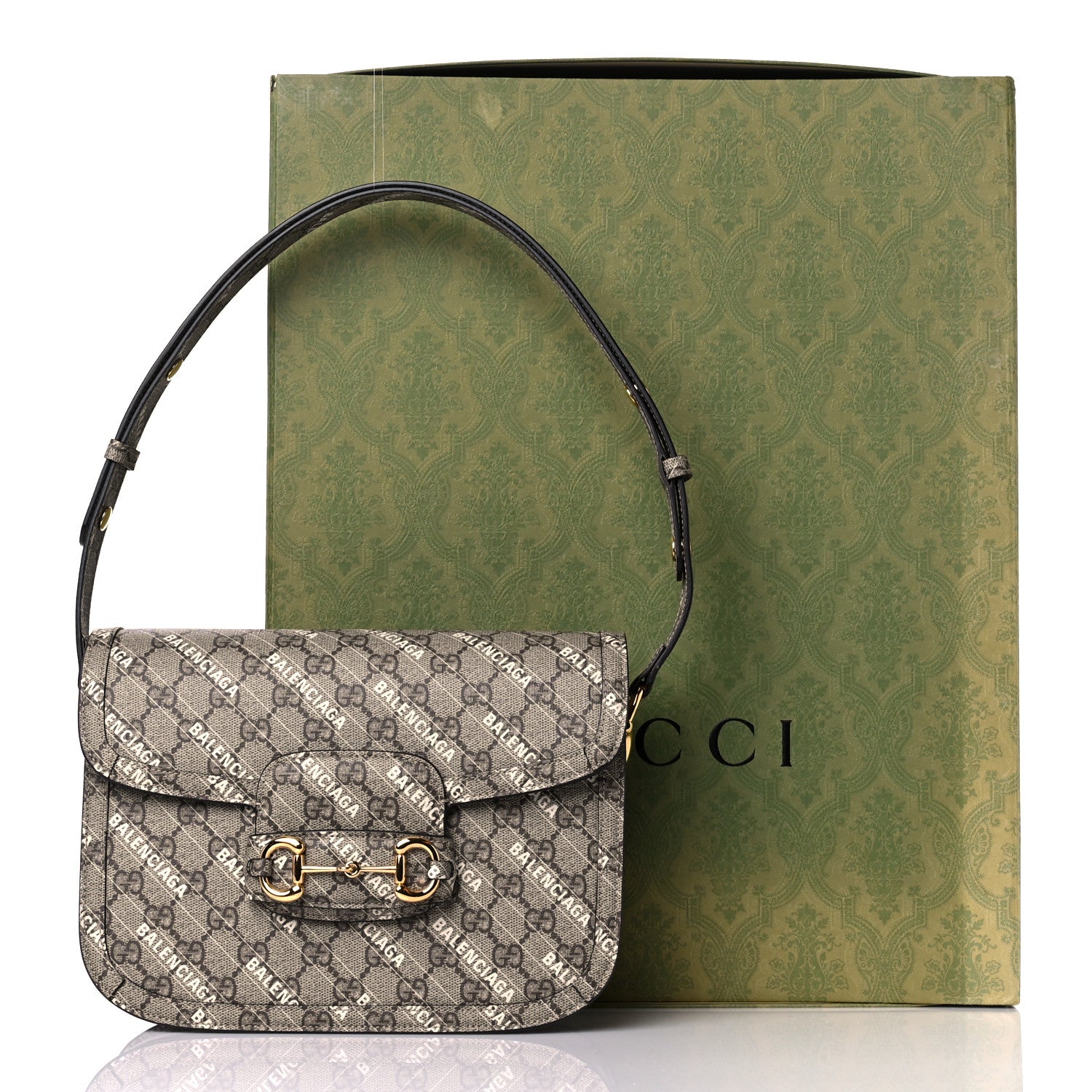 Gucci X BALENCIAGA GG Supreme Monogram Logo Print Horsebit 1955 Shoulder Bag Beige Ebony 10 of 10