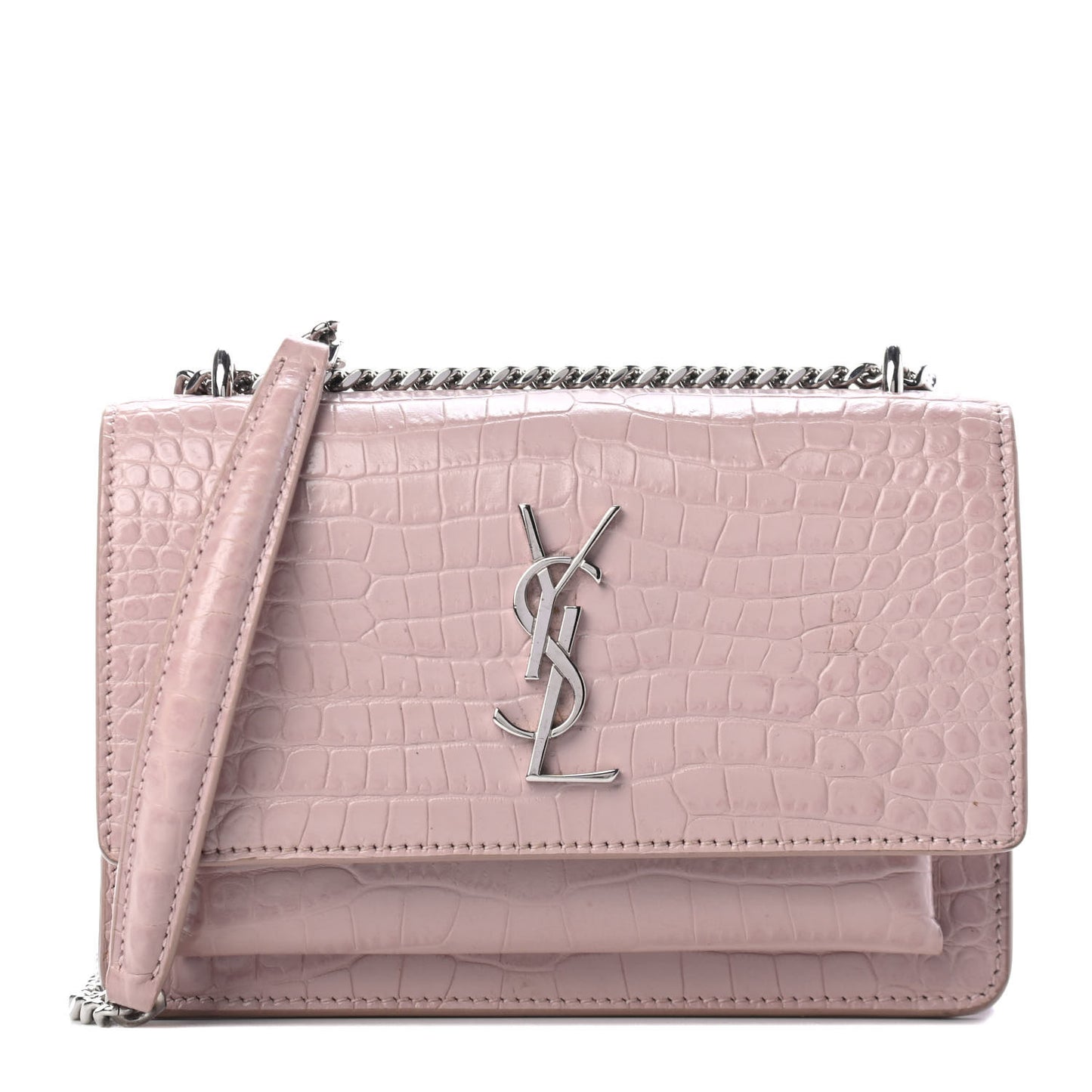 Calfskin Crocodile Embossed Monogram Sunset Chain Wallet Marble Pink