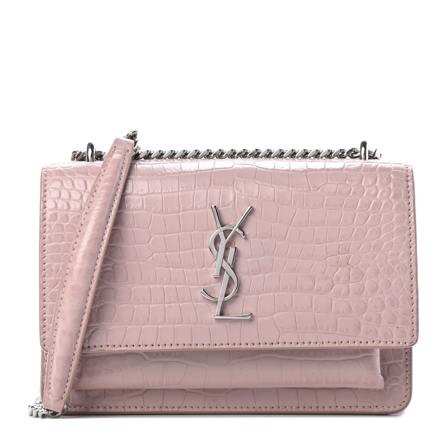 Saint Laurent Calfskin Crocodile Embossed Monogram Sunset Chain Wallet Marble Pink 1 of 4