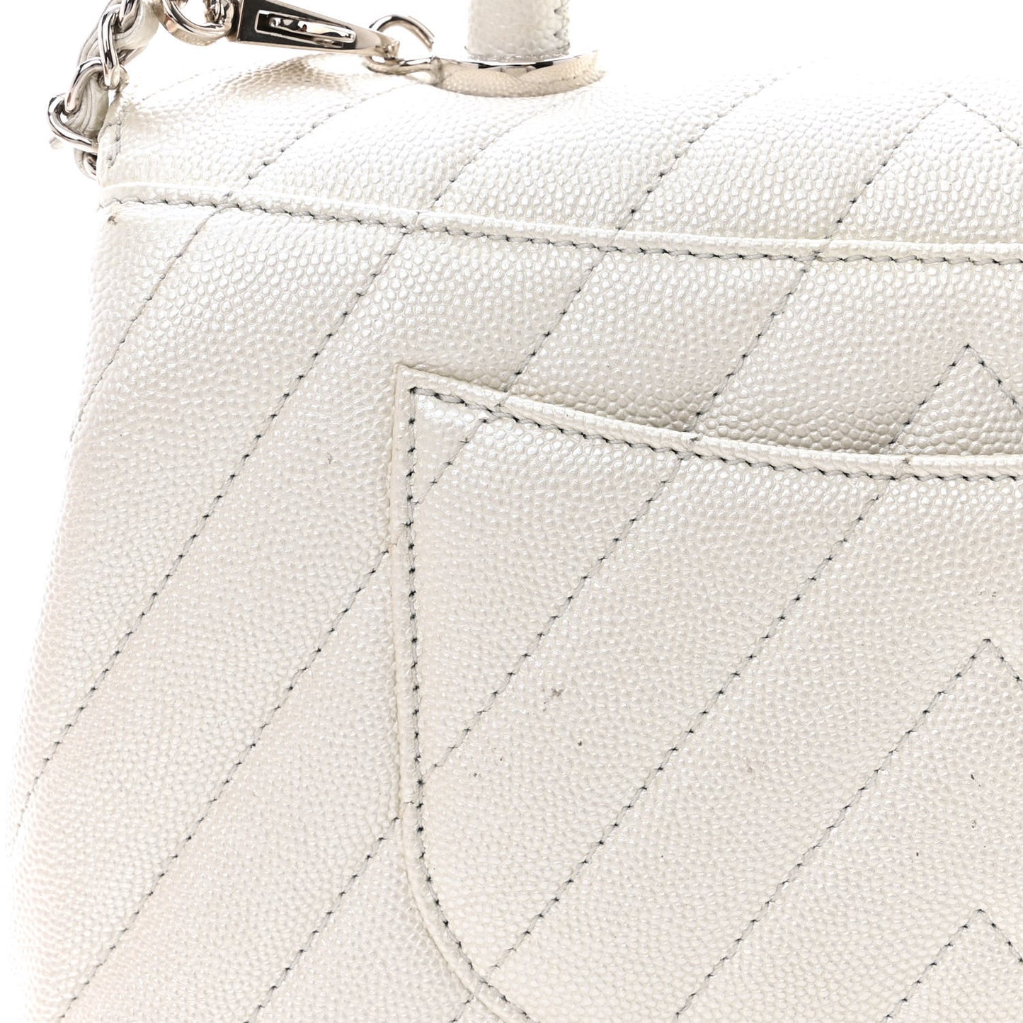 Iridescent Caviar Chevron Quilted Mini Coco Handle Flap White