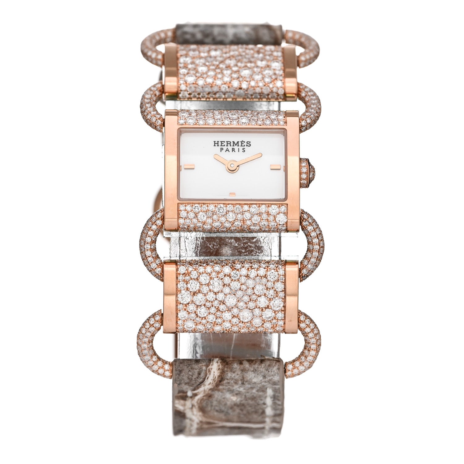 Hermes 18K Rose Gold Crocodile Diamond 17mm Klikti Quartz Watch Himalayan 1 of 5