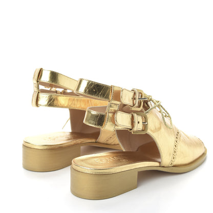 Chanel Metallic Calfskin CC Brogue Lace Up Ankle Strap Oxford Peep Toe Sandals 40 Gold 4 of 8