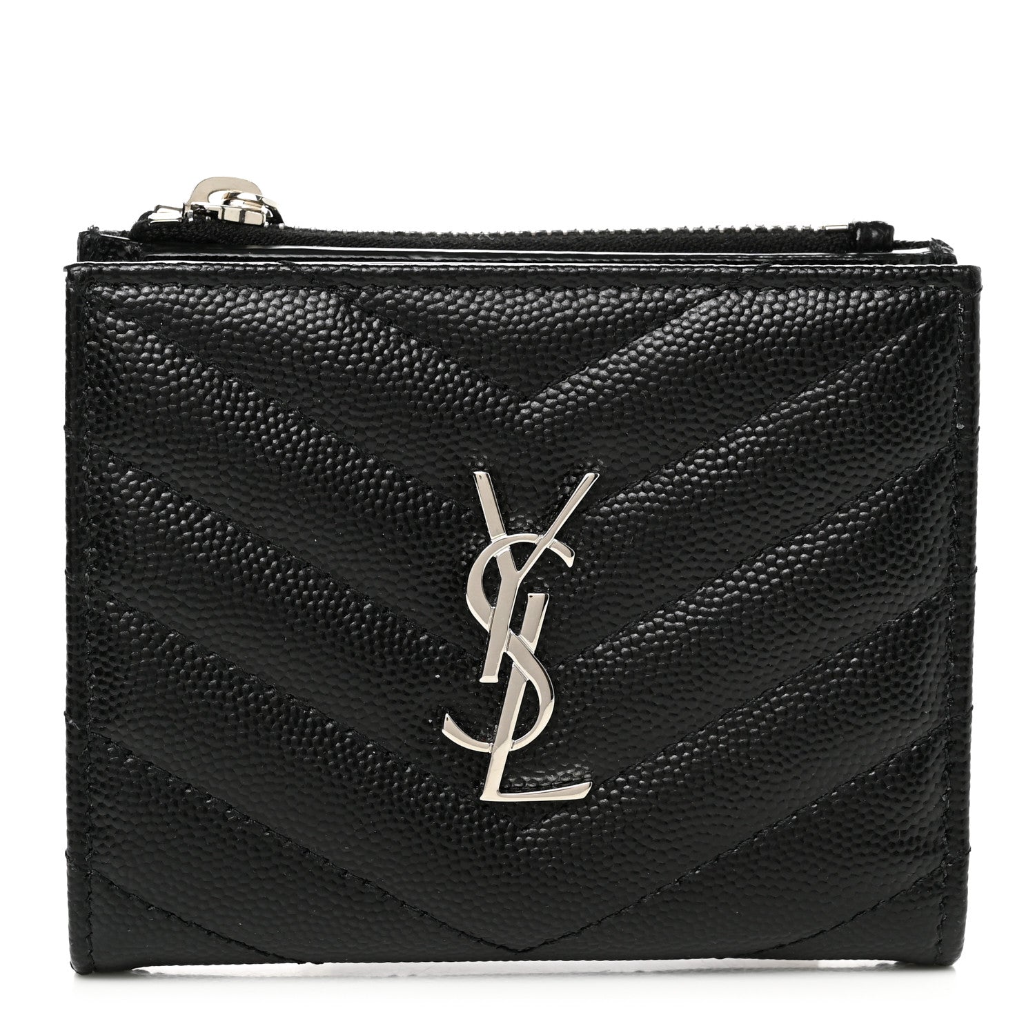 Saint Laurent Grain De Poudre Matelasse Chevron Monogram Zipped Card Case Black 1 of 9