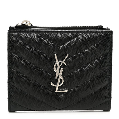 Saint Laurent Grain De Poudre Matelasse Chevron Monogram Zipped Card Case Black 1 of 9