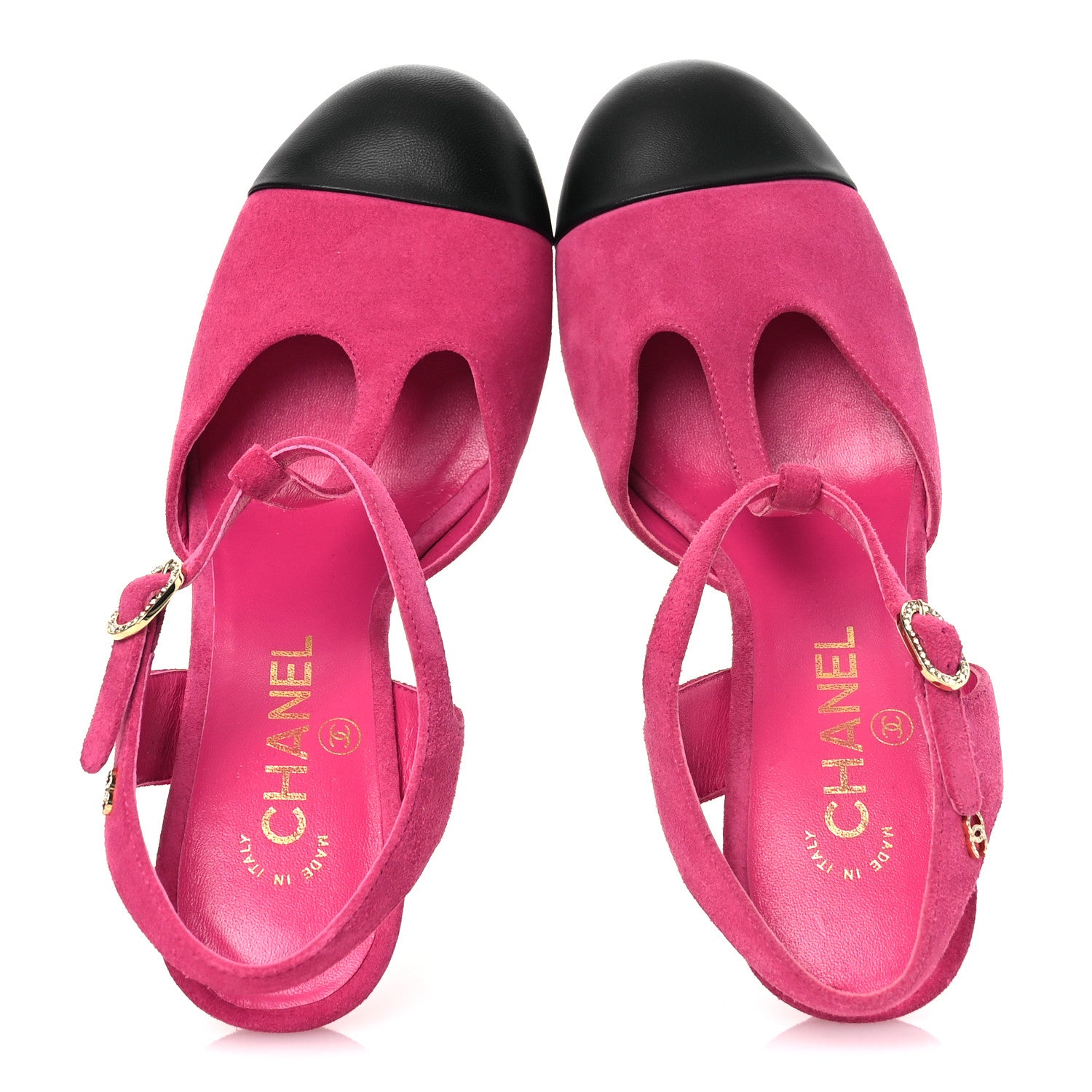 Chanel Suede Lambskin Cap Toe Crystal Slingback Pumps 38 Fuchsia Black 2 of 12