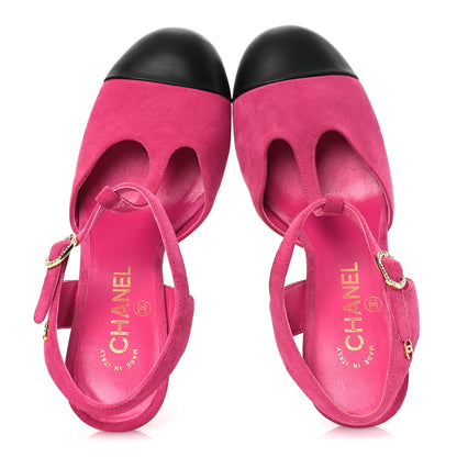 Chanel Suede Lambskin Cap Toe Crystal Slingback Pumps 38 Fuchsia Black 2 of 12