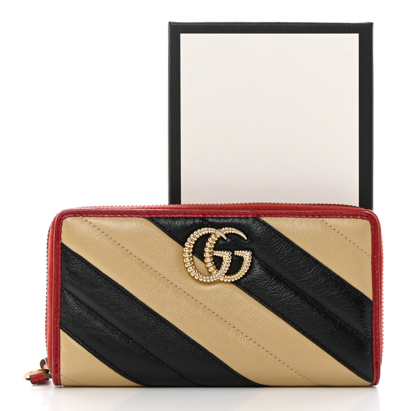 Azalea Calfskin Matelasse Diagonal Patchwork Torchon GG Marmont Zip Around Wallet Black Beige Romantic Cerise