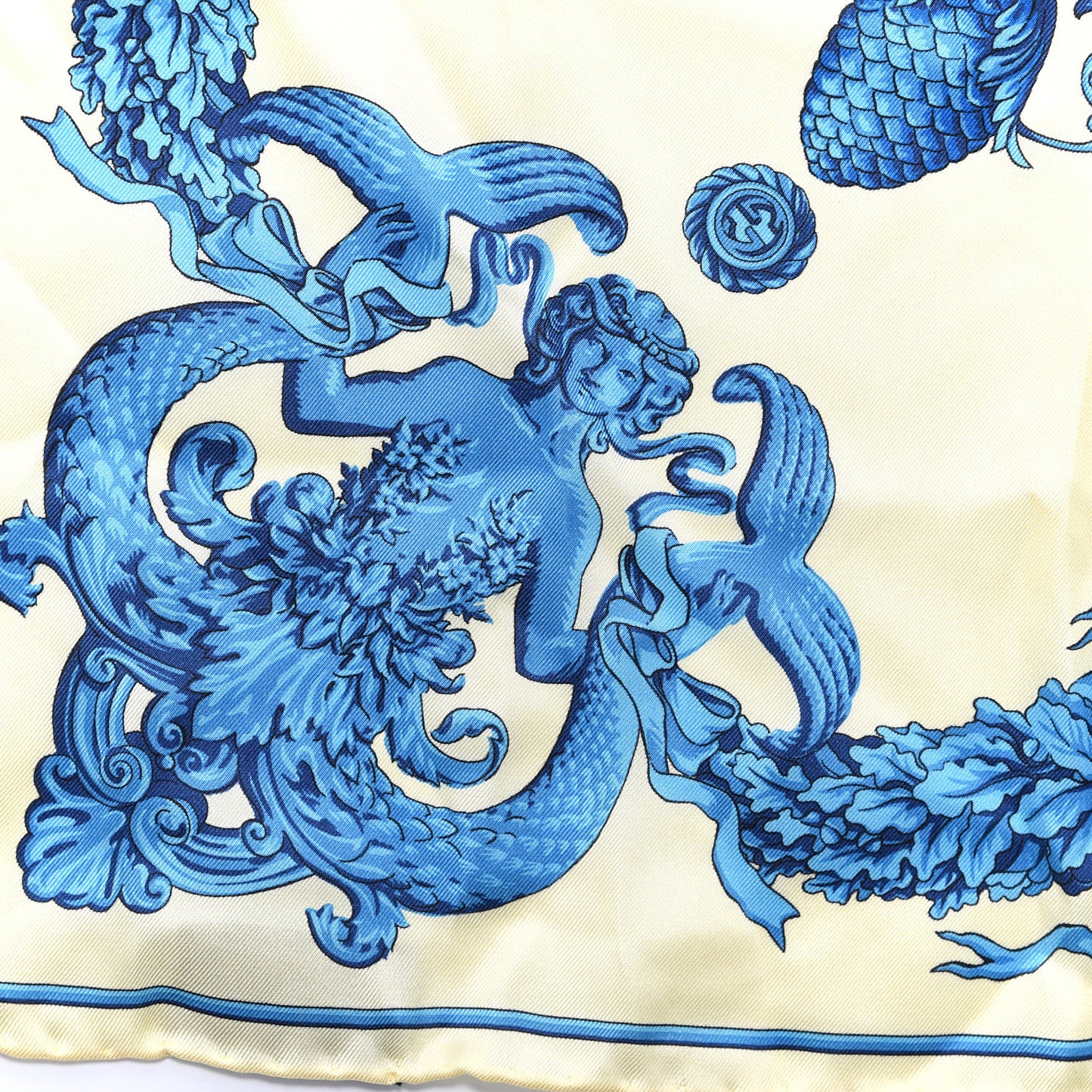 Silk Mermaid Print Scarf Blue Cream