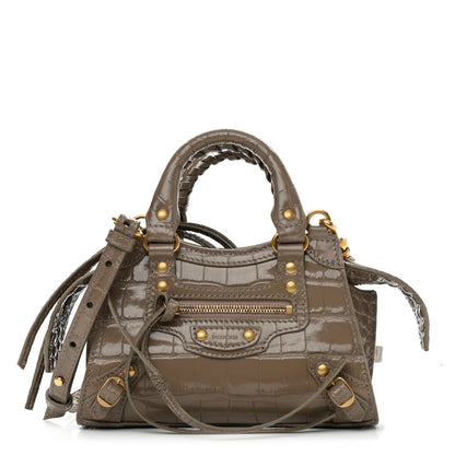 Balenciaga Shiny Supple Calfskin Crocodile Embossed Neo Classic Gold Hardware Nano City Crossbody Mink Grey 1 of 9
