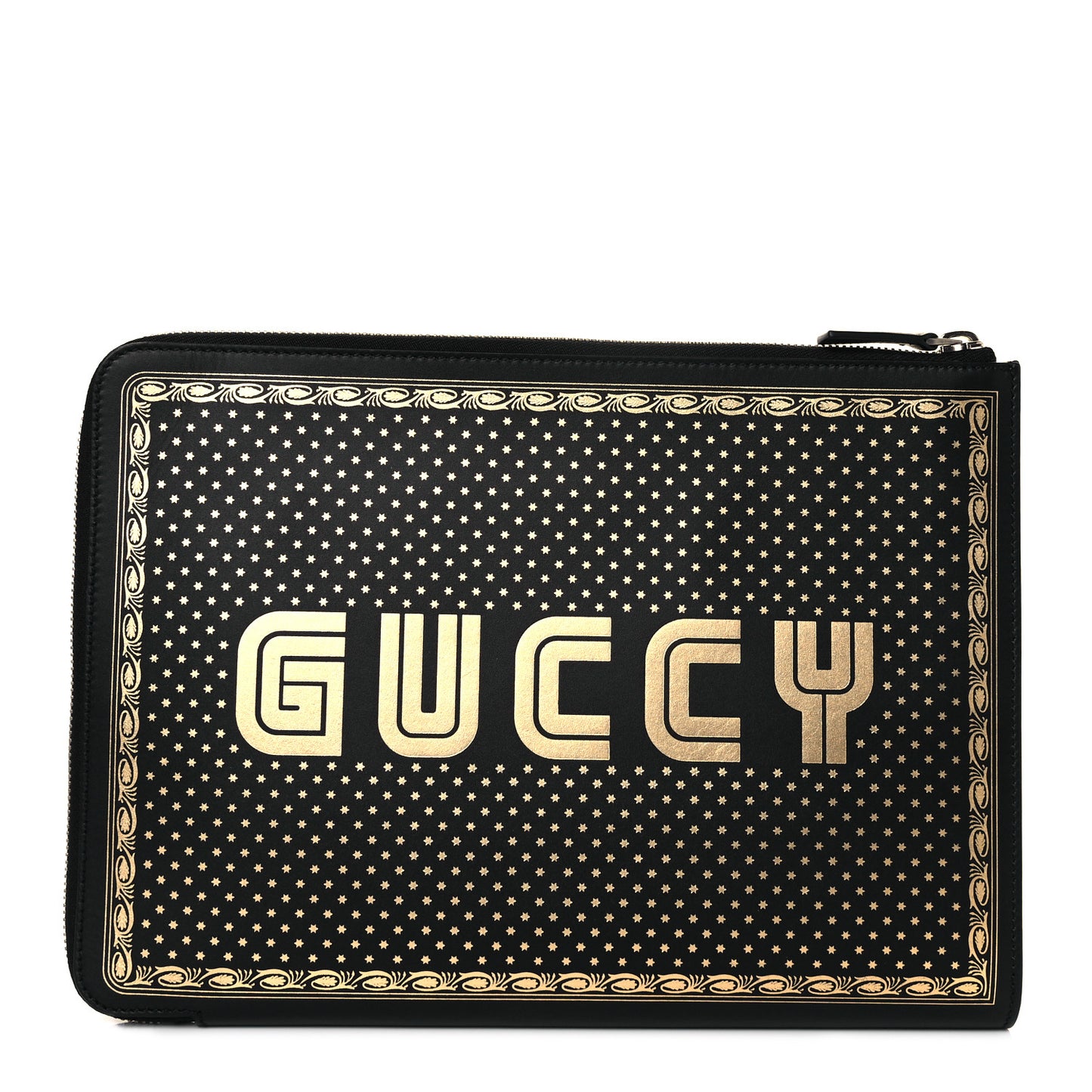 X SEGA Calfskin GUCCY Stars Zip Clutch Bag Black Gold