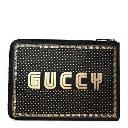 Gucci X SEGA Calfskin GUCCY Stars Zip Clutch Bag Black Gold 1 of 10