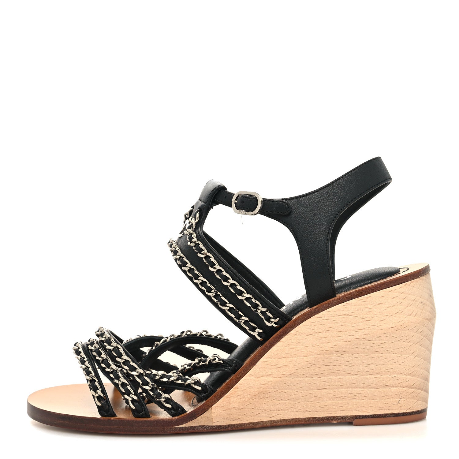 Chanel Lambskin Quilted Chain Wedge Sandals 37 Black 1 of 8