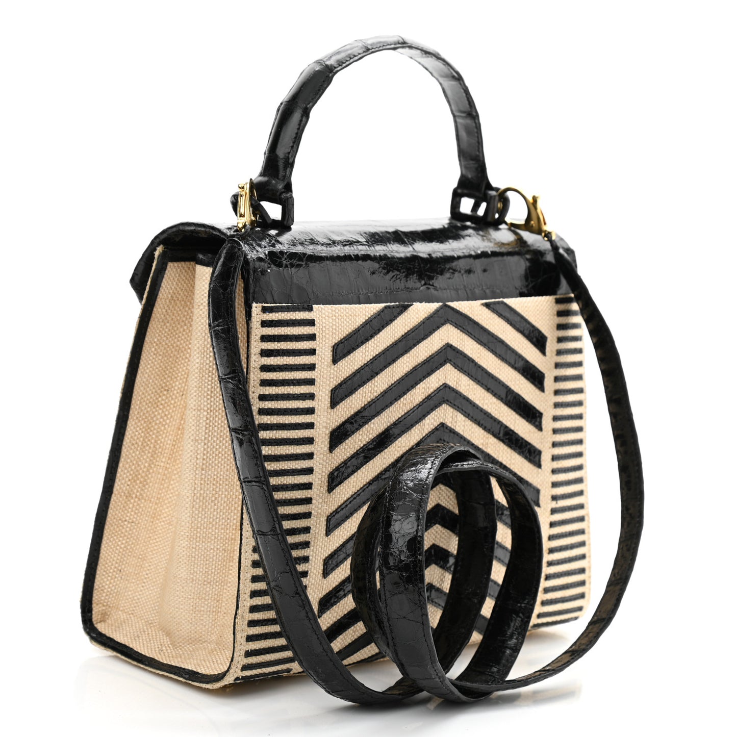 Crocodile Raffia Mini Lily Top Handle Bag Black