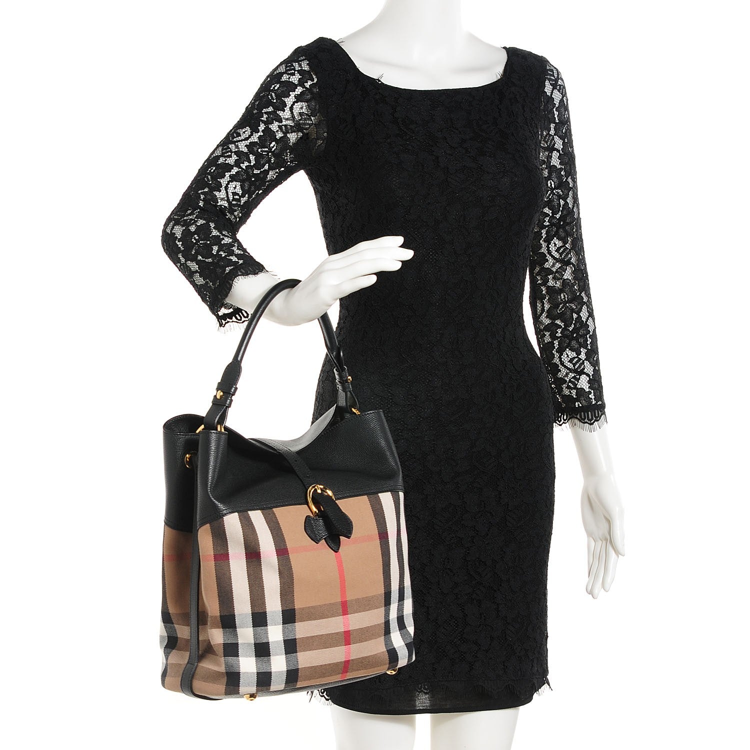Burberry Grainy Calfskin House Check Medium Sycamore Hobo Black 2 of 8