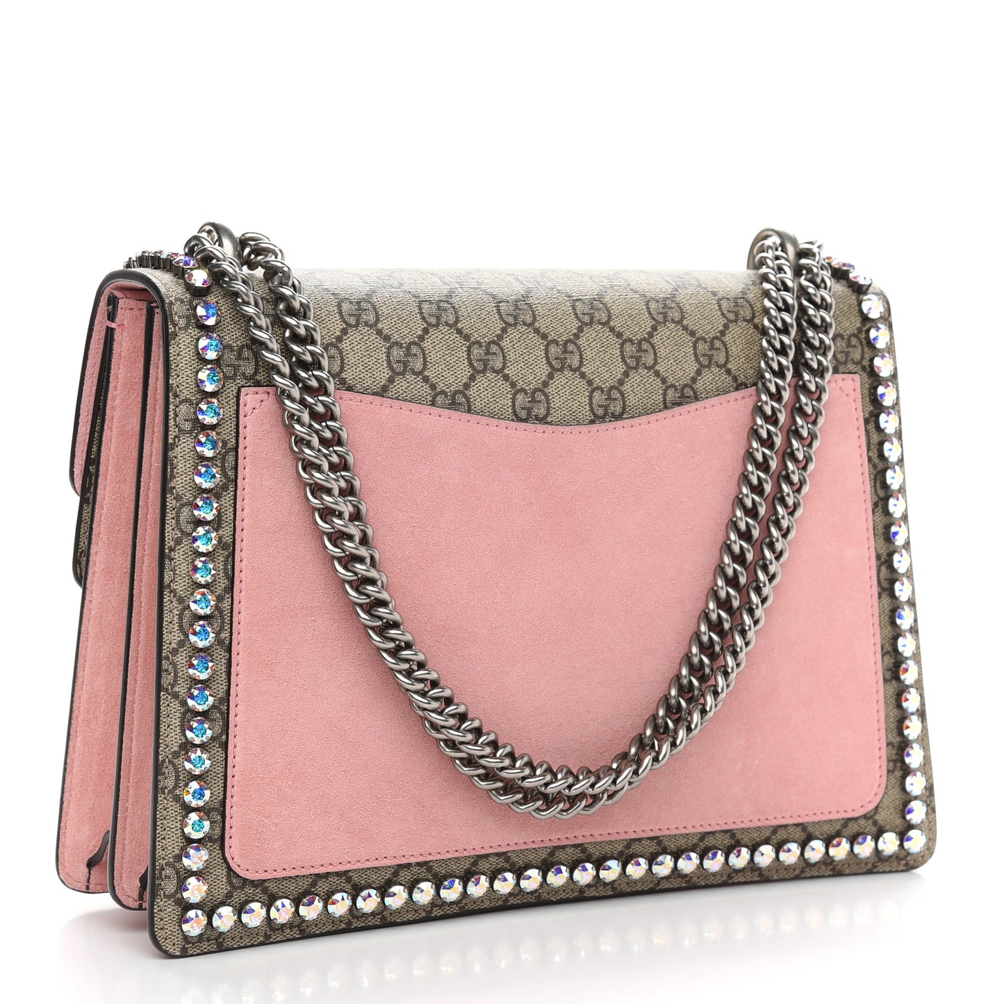 GG Supreme Monogram Suede Crystal Medium Dionysus Shoulder Bag Beige Ebony Light Peonia