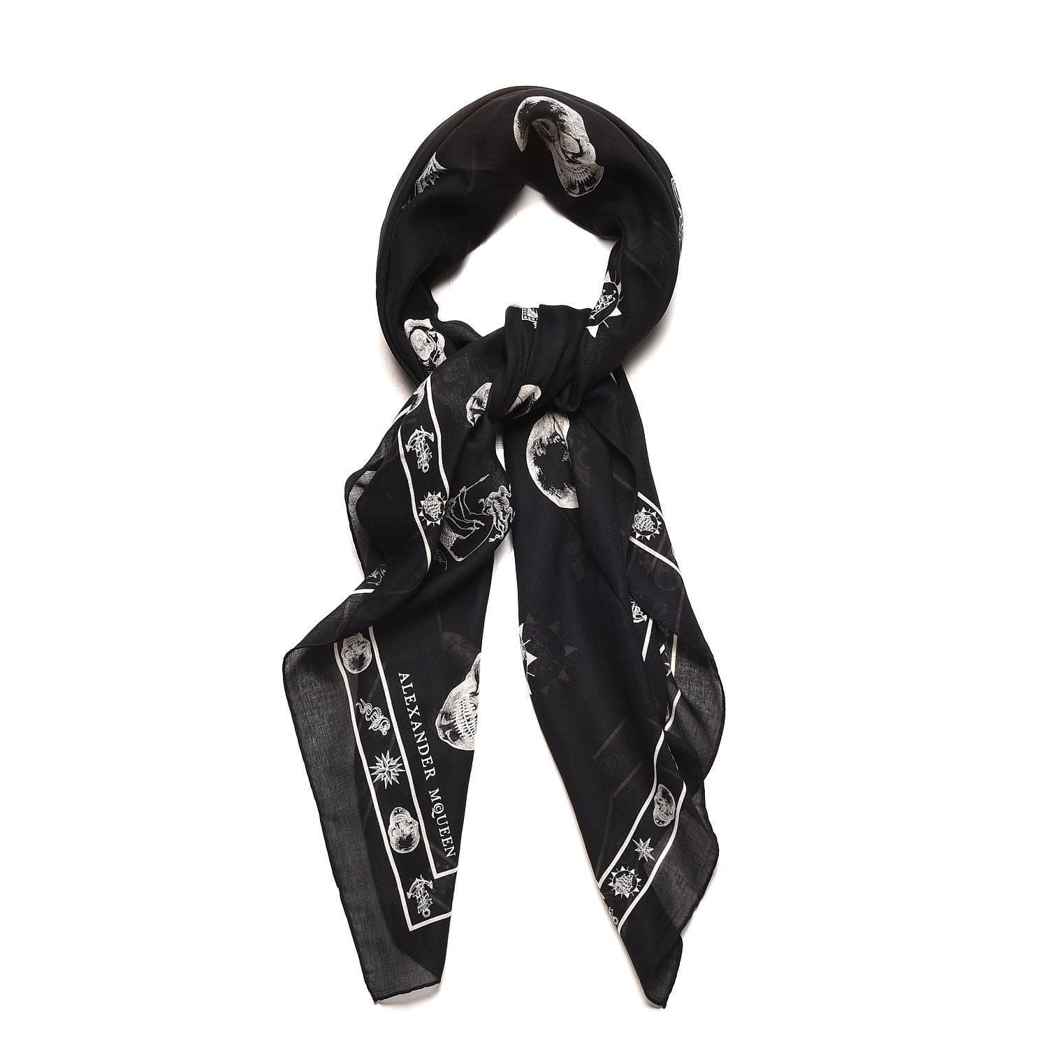 Alexander McQueen Silk Chiffon Skull Tattoo Scarf Black Ivory 1 of 8