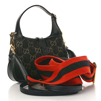 Gucci Jacquard Black Denim GG Monogram Textured Dollar Calfskin Mini Jackie 1961 Hobo Black Ivory 3 of 10