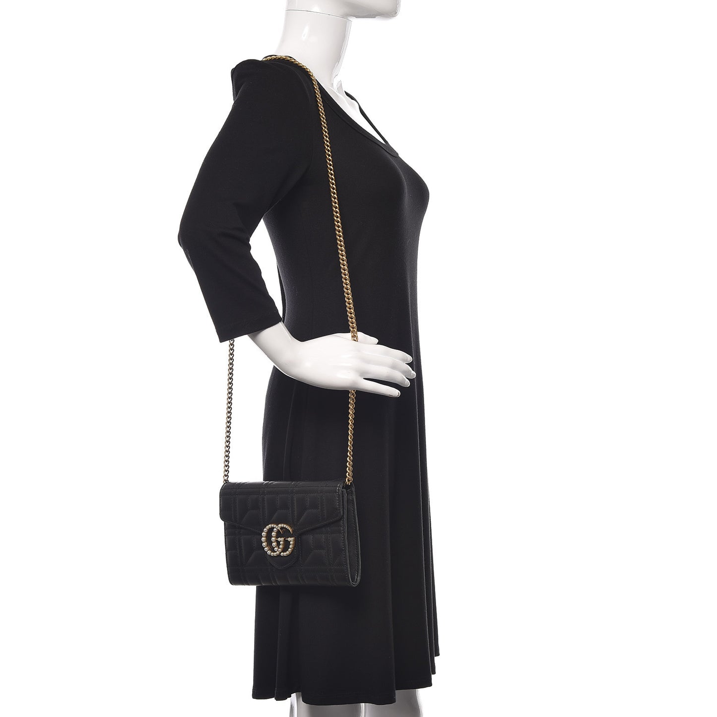 Calfskin Matelasse Mini Pearly GG Marmont Chain Wallet Black
