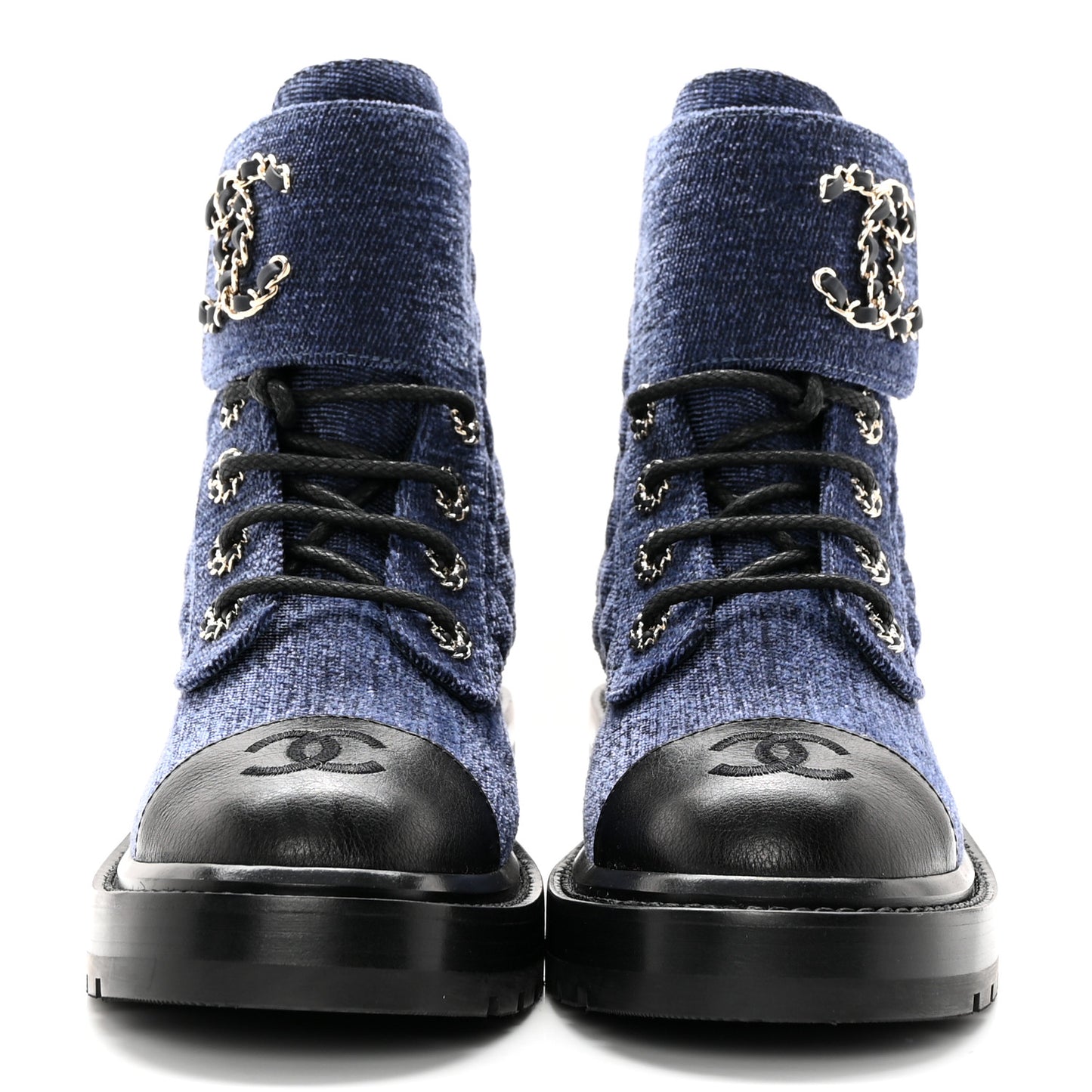 Denim Calfskin Quilted Lace Up Combat Boots 35.5 Blue
