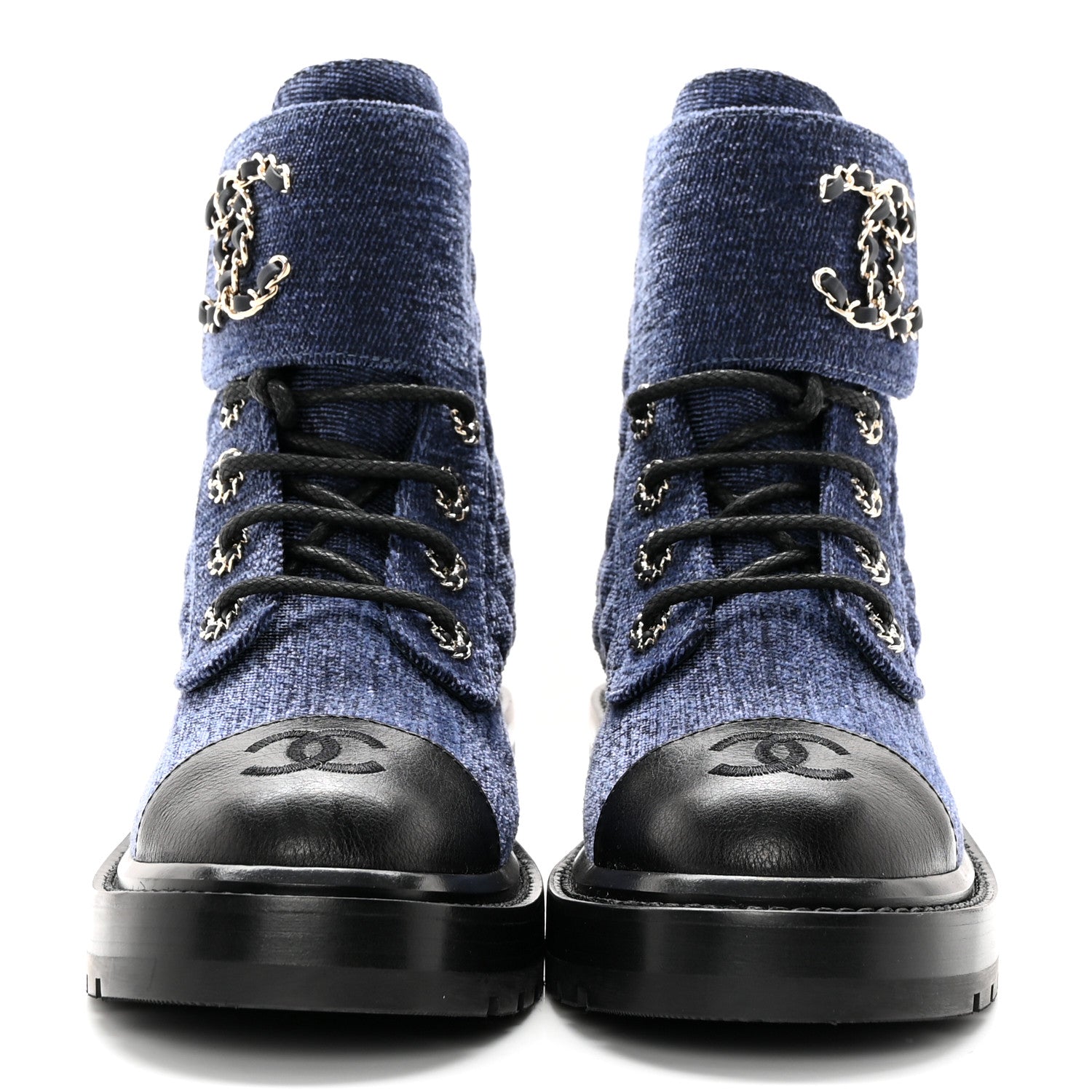 Chanel Denim Calfskin Quilted Lace Up Combat Boots 35.5 Blue 2 of 10