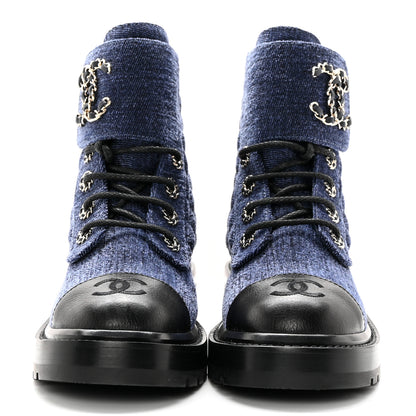 Chanel Denim Calfskin Quilted Lace Up Combat Boots 35.5 Blue 2 of 10