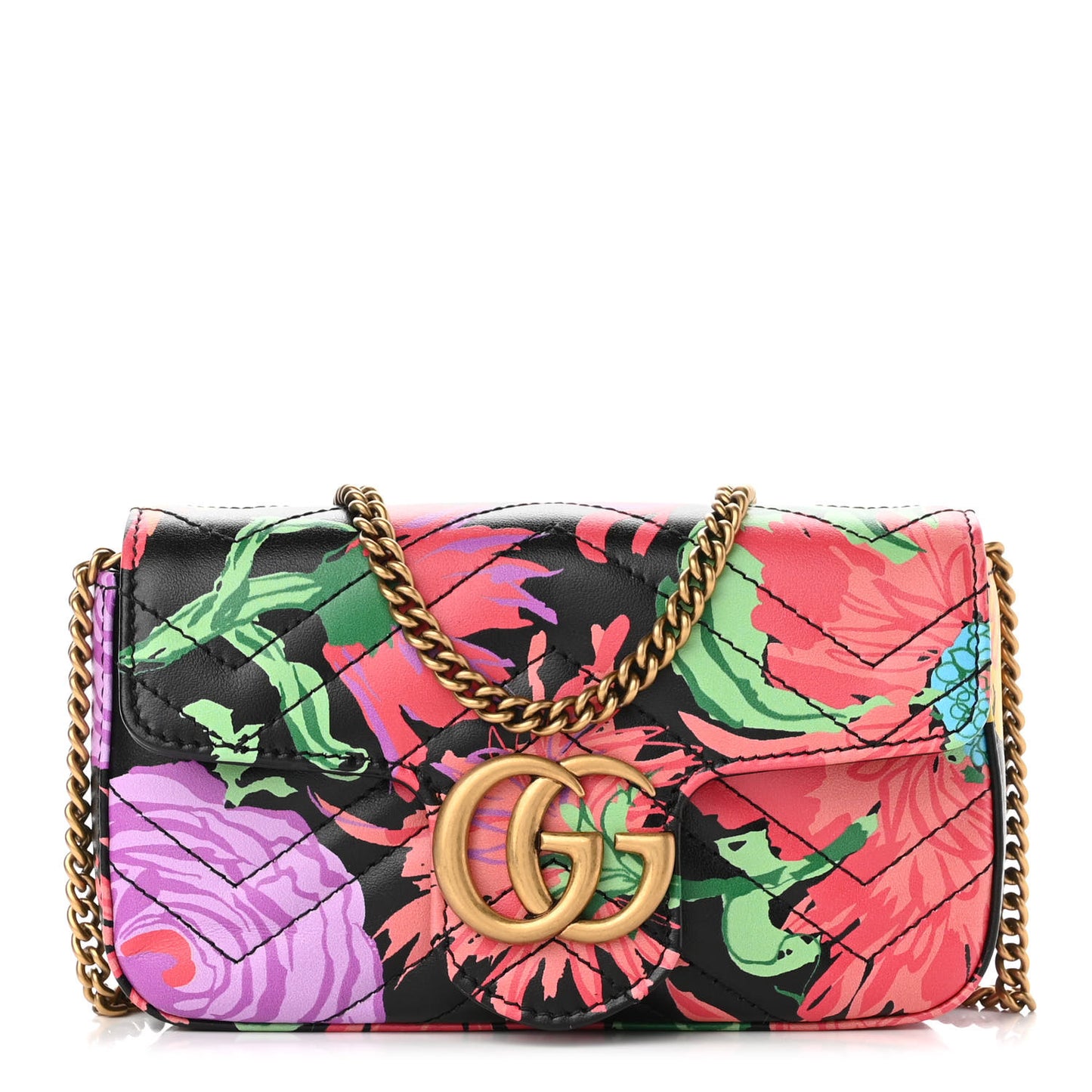 X KEN SCOTT Calfskin Matelasse Floral Print Super Mini GG Marmont Shoulder Bag Black