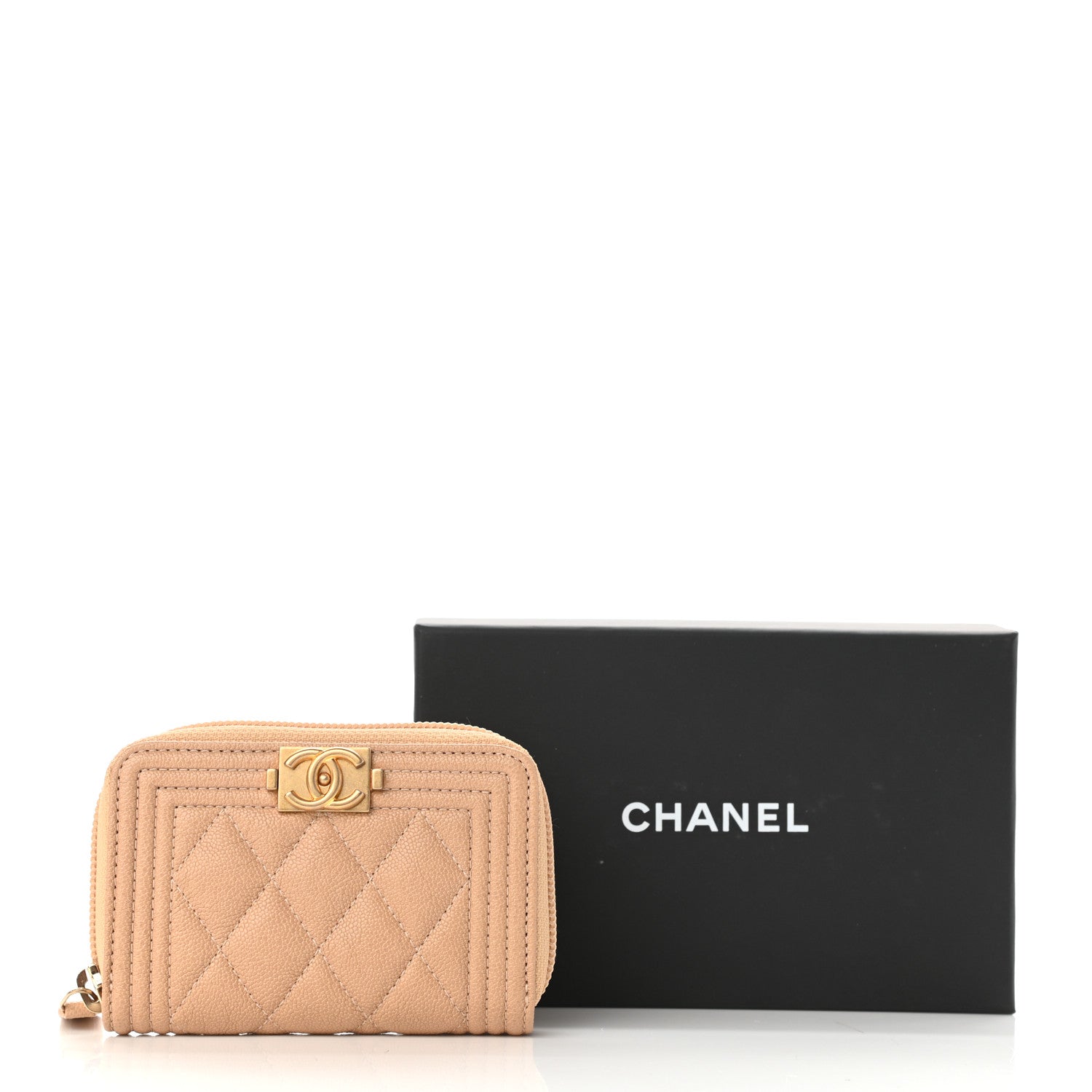 Chanel Caviar Quilted Boy Zip Around Coin Purse Wallet Beige 8 of 9