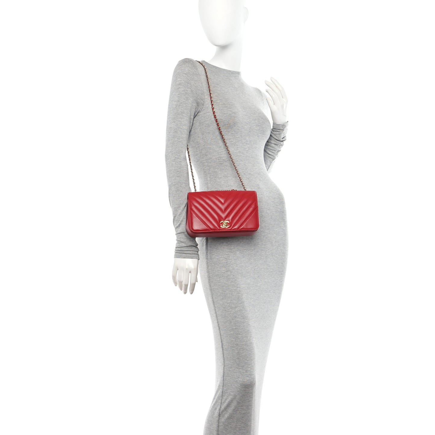 Calfskin Chevron Quilted Mini Statement Flap Red