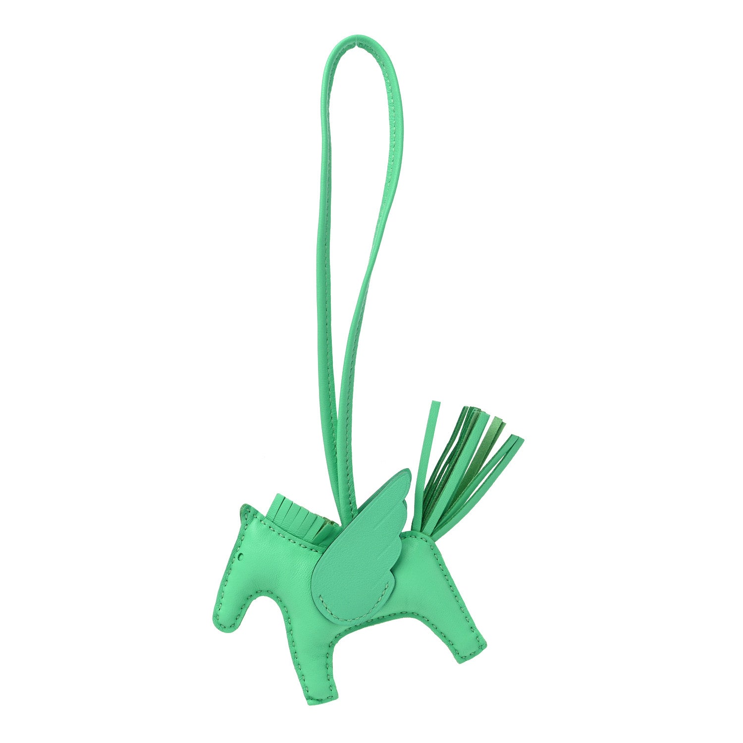 this is an image of an HERMES Milo Lambskin Grigri Rodeo Pegase Horse Bag Charm size PM in the color Vert Comics by fashionphile