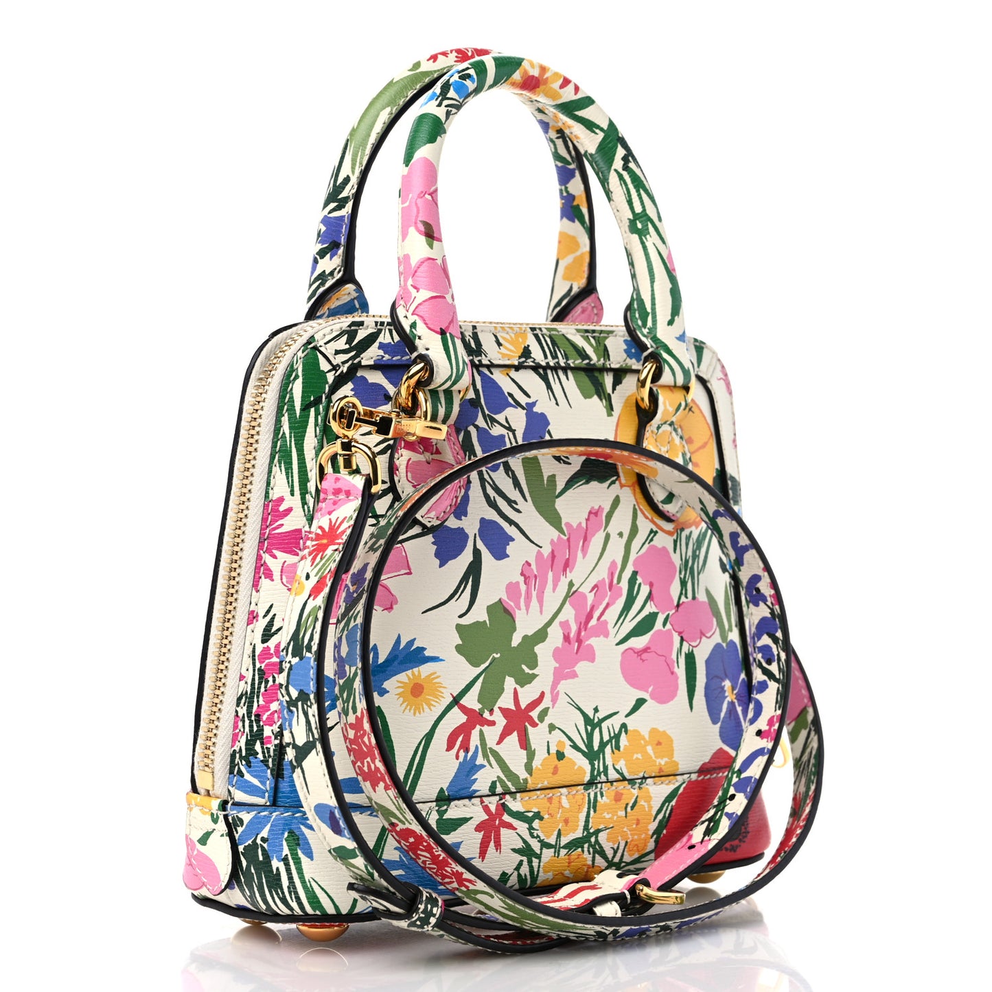 X KEN SCOTT New Shangai Calfskin Jardin D'Avril Floral Print Mini Horsebit 1955 Top Handle Bag Ivory Pink Wild Rose