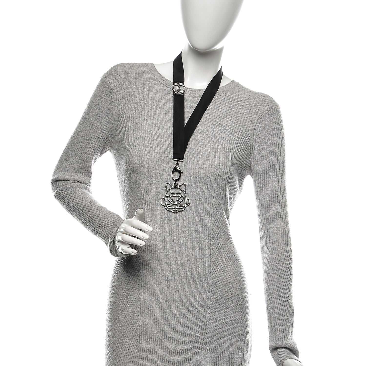 Chanel Crystal CC Emoji Robot Cat Lanyard Necklace Black Silver