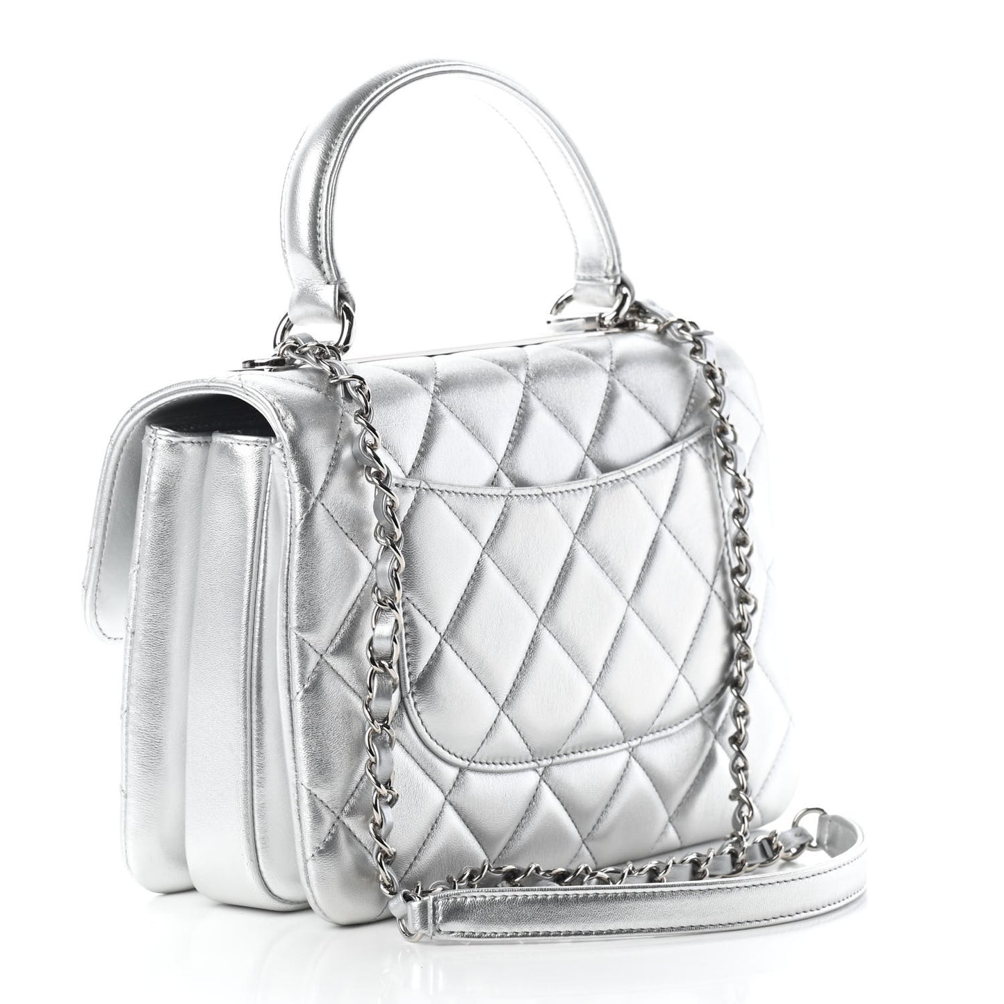 Metallic Lambskin Quilted Small Trendy CC Flap Dual Handle Bag Silver