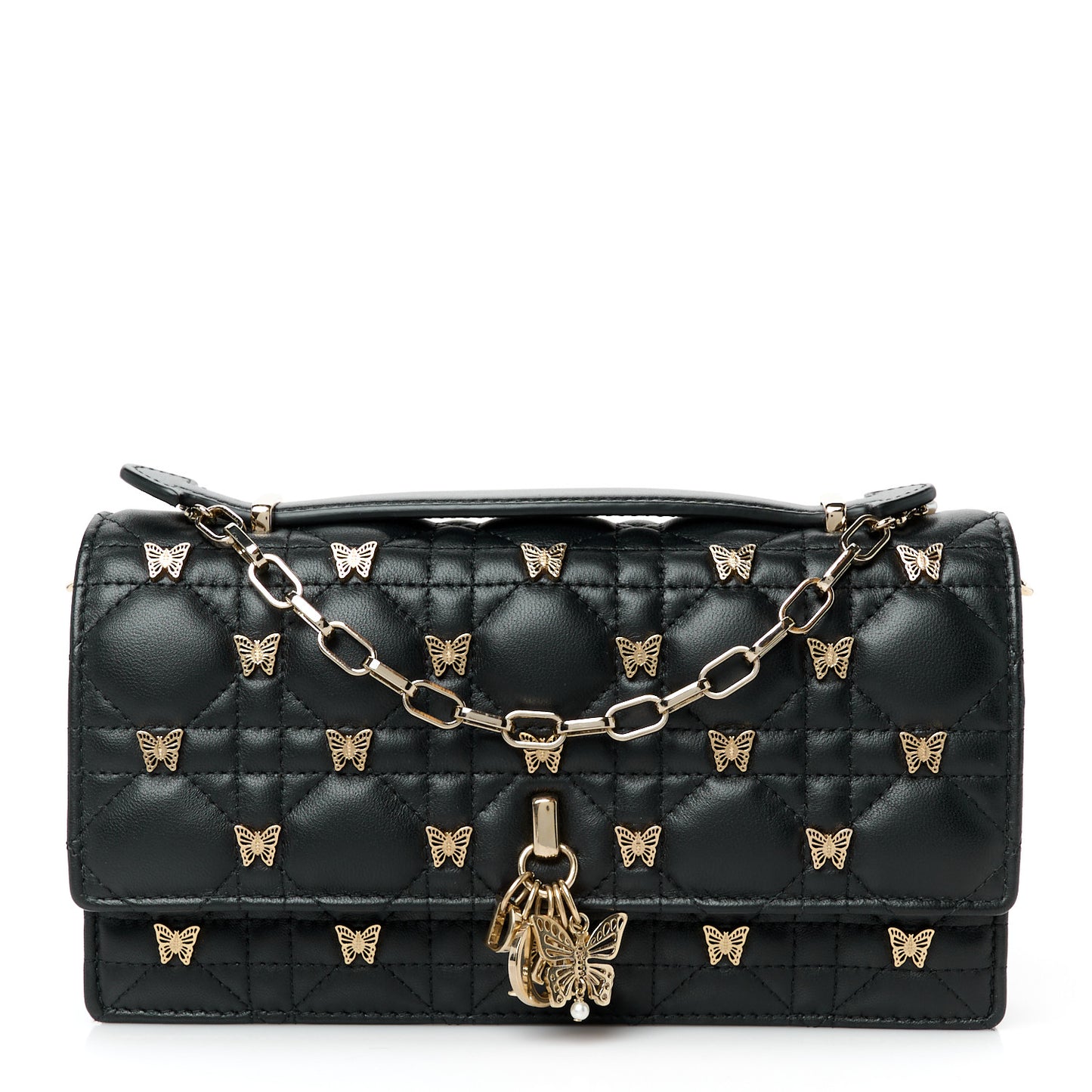 Lambskin Cannage Butterfly Studs Miss Dior Pouch Black