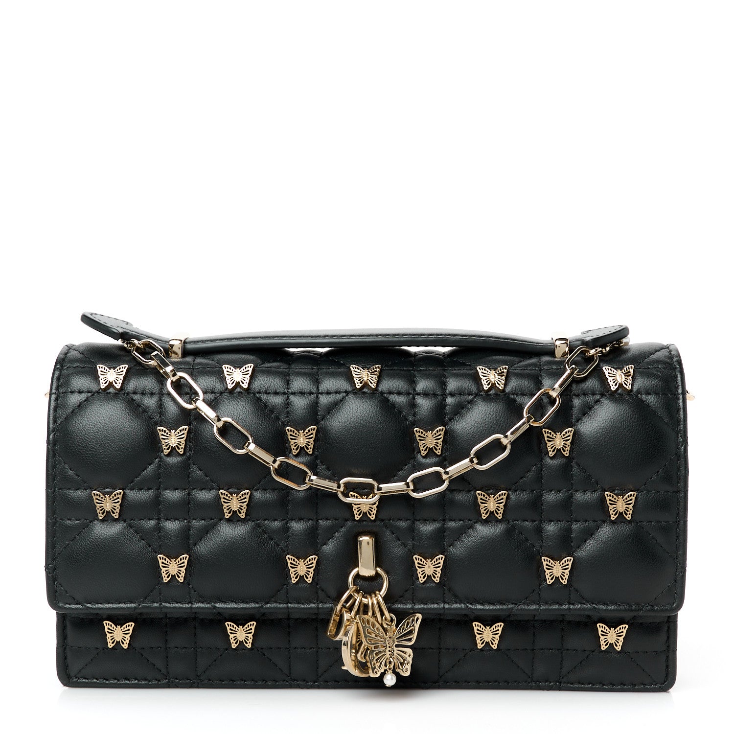 Christian Dior Lambskin Cannage Butterfly Studs Miss Dior Pouch Black 1 of 9