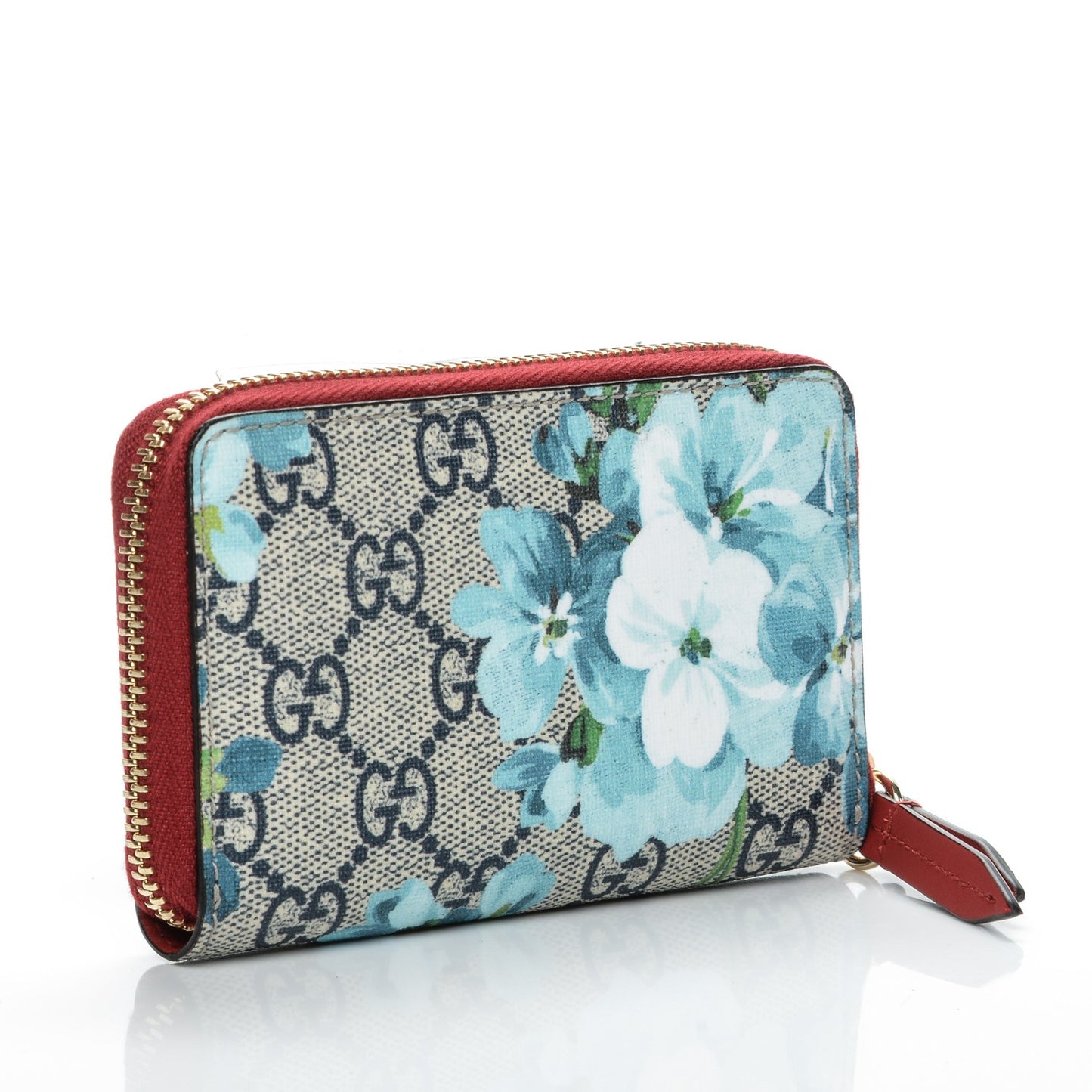 GG Supreme Monogram Blooms Zip Around Card Case Wallet Beige Blue Navy Hibiscus Red