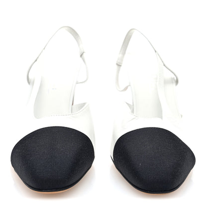 Chanel Goatskin Grosgrain Cap Toe CC Slingback Pumps 39 White Black 3 of 9