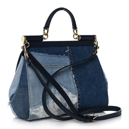Dolce & Gabbana Calfskin Denim Patchwork Medium Miss Sicily Satchel Blue 3 of 12