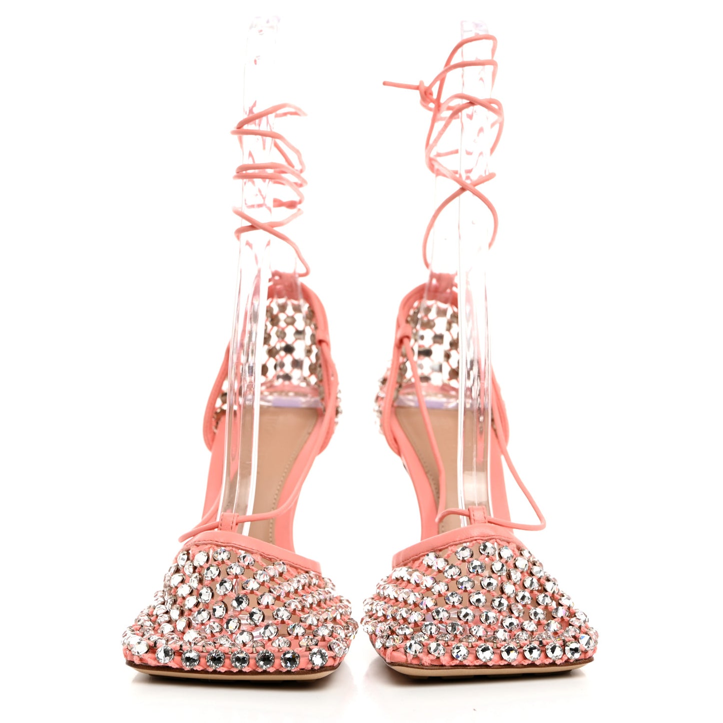 Mesh Nappa Crystal Embellished Sparkle Stretch Ankle Tie 90mm Sandals 36 Salmon Pink