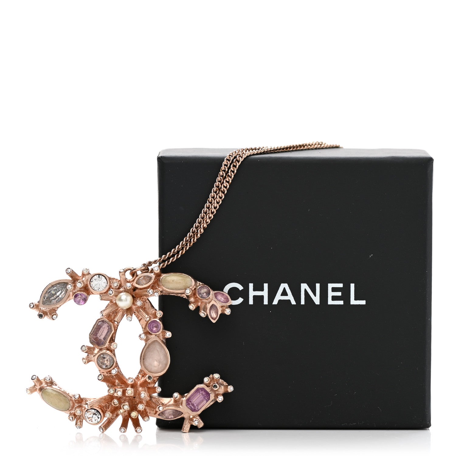 Chanel Resin Crystal CC Marquise Drop Necklace Rose Gold Violet 7 of 7