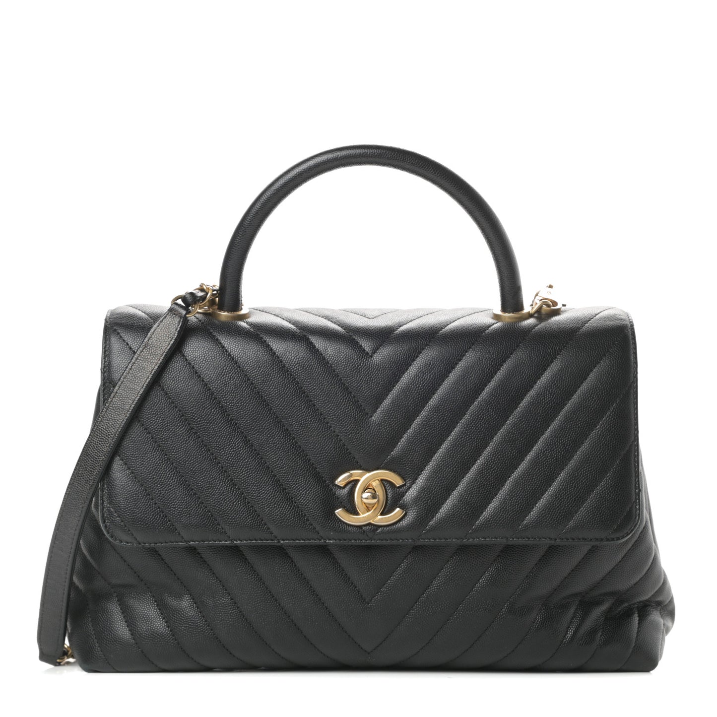 Caviar Chevron Quilted Medium Coco Handle Flap Black