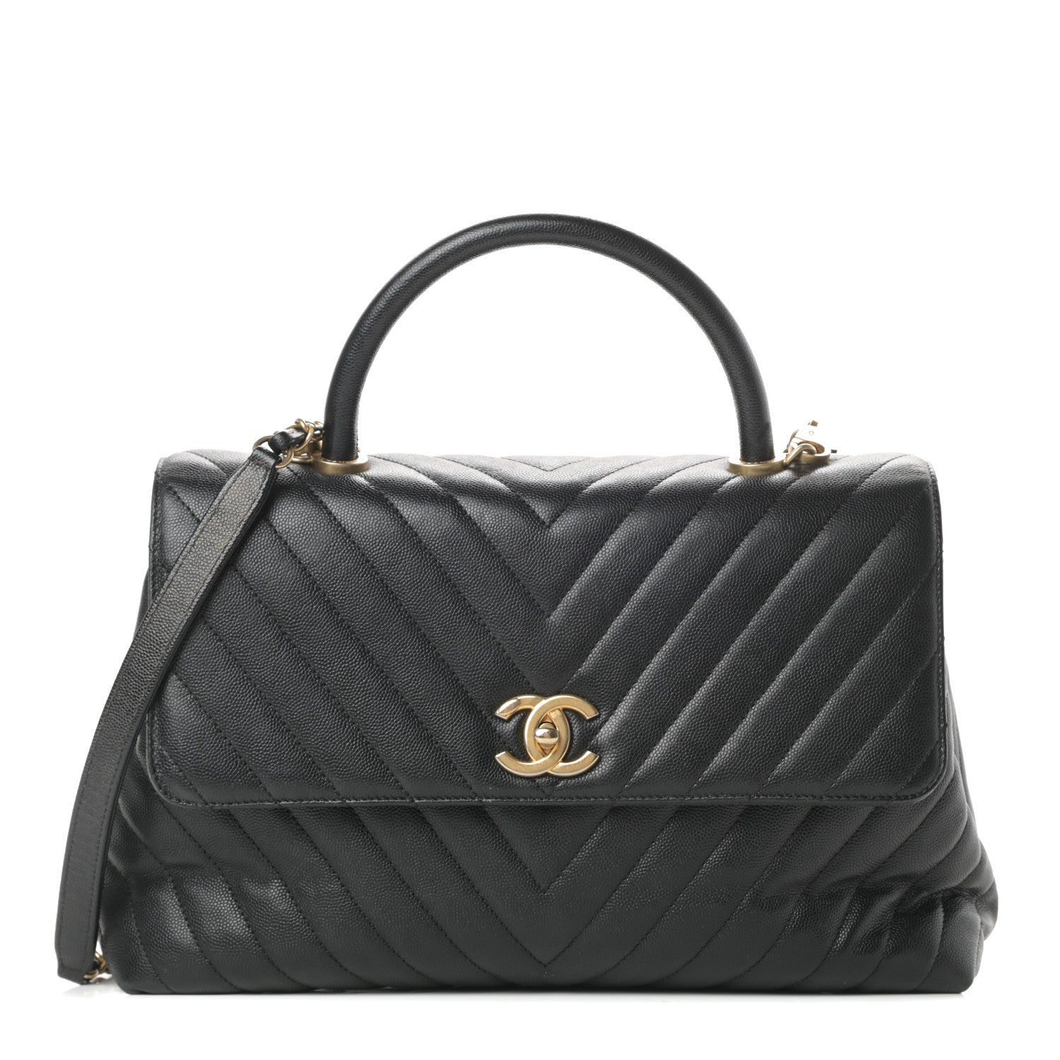 Chanel Caviar Chevron Quilted Medium Coco Handle Flap Black 1 of 15