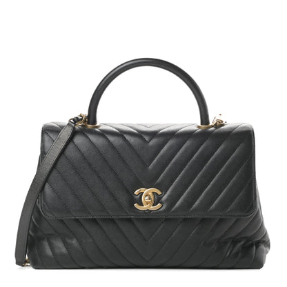 Chanel Caviar Chevron Quilted Medium Coco Handle Flap Black 1 of 15