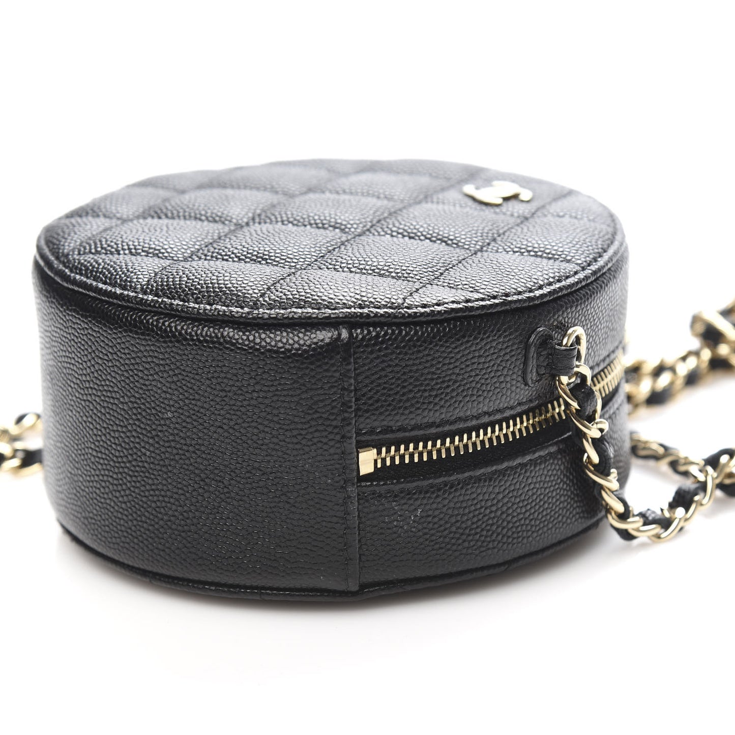 Caviar Quilted Round Clutch With Chain Black