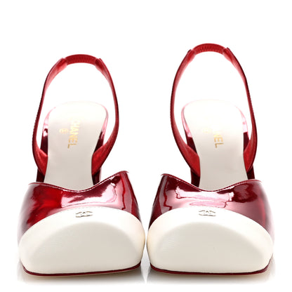 Chanel Lambskin Laminated Calfskin Cap Toe CC Slingback Pumps 37.5 Red Ivory 3 of 10