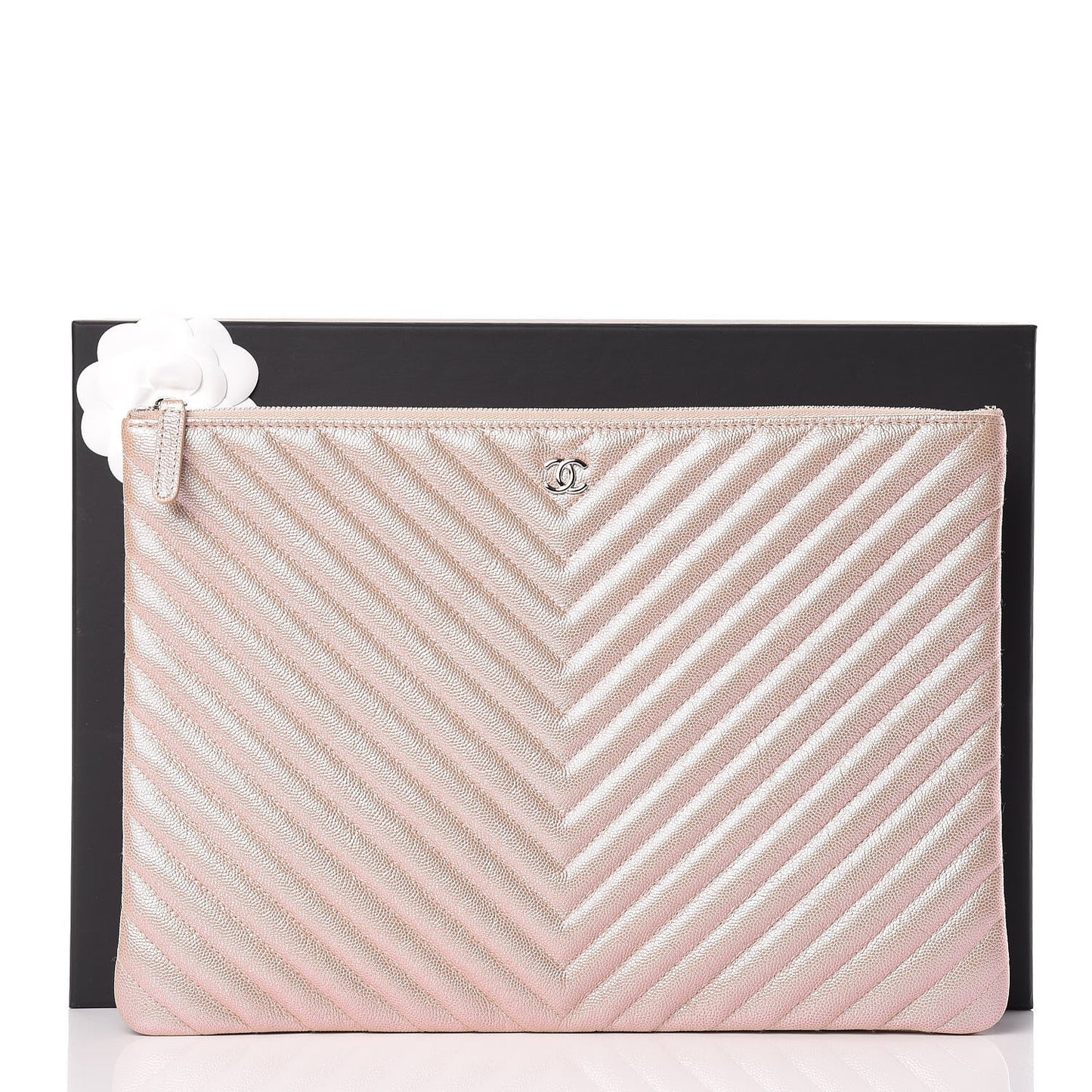Iridescent Caviar Chevron Quilted Large Cosmetic Case Light Gold