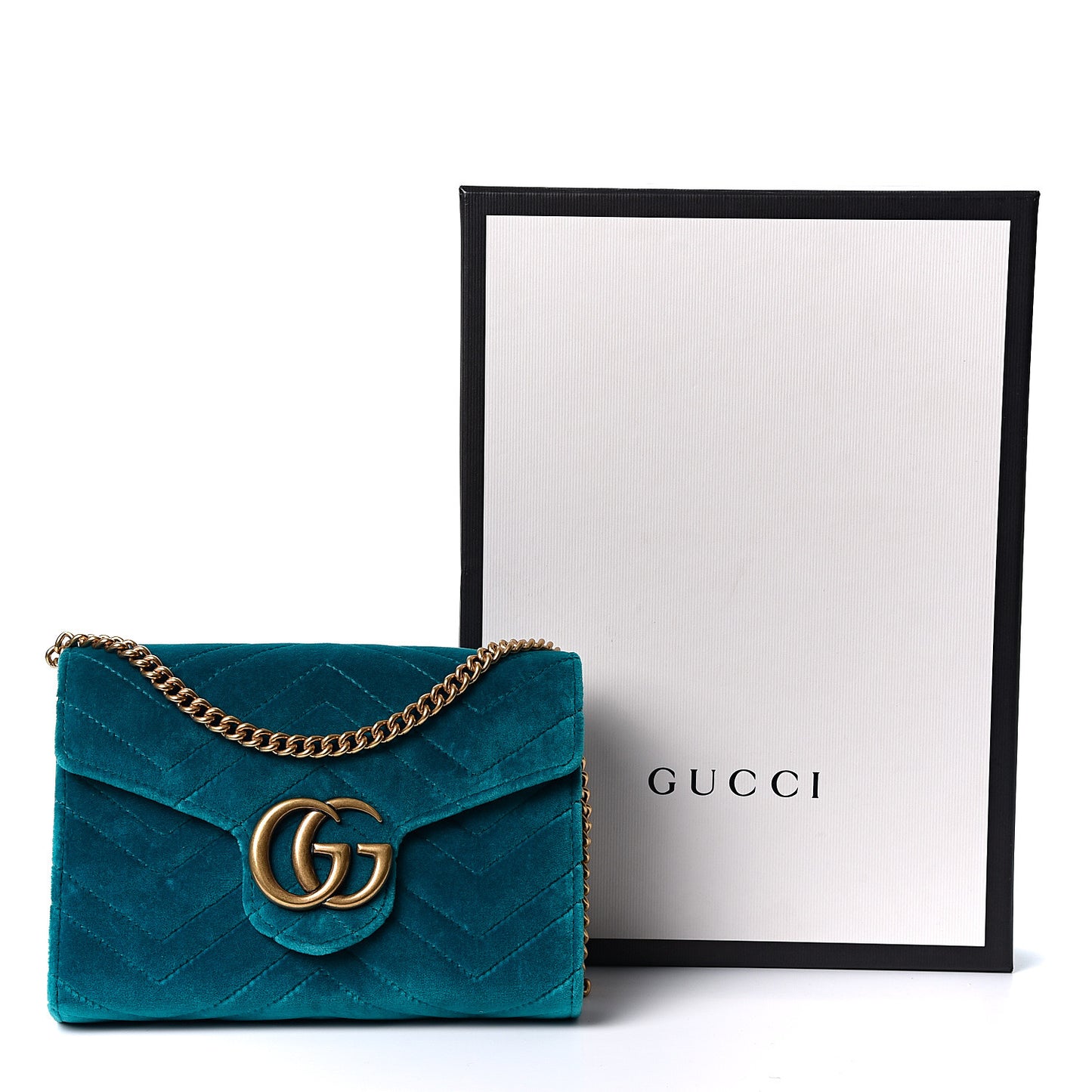 Velvet Matelasse GG Marmont Chain Wallet Pavone Cyan